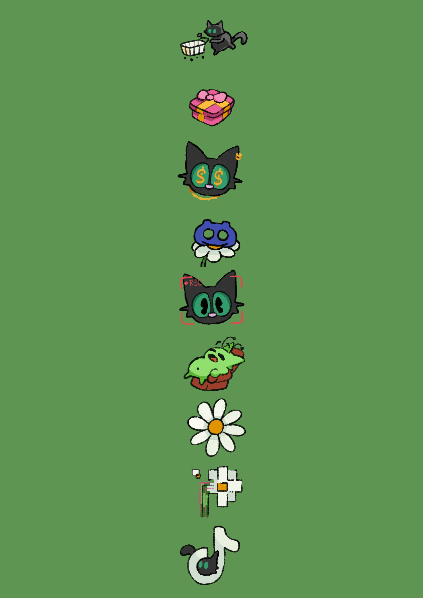 Sticker sheet of black cats, a gift box and a daisy on green