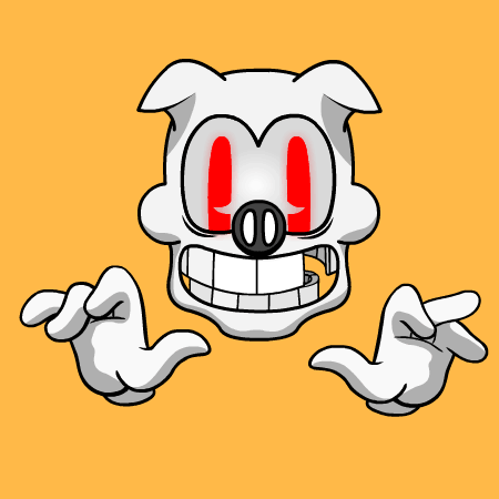 Grinning skull character with floating gloved hands