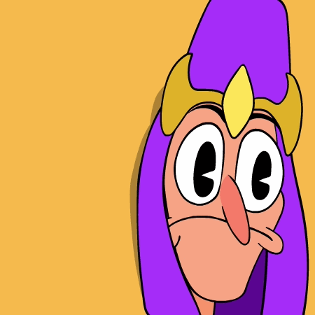 Crowned character in a purple hood peeking into frame
