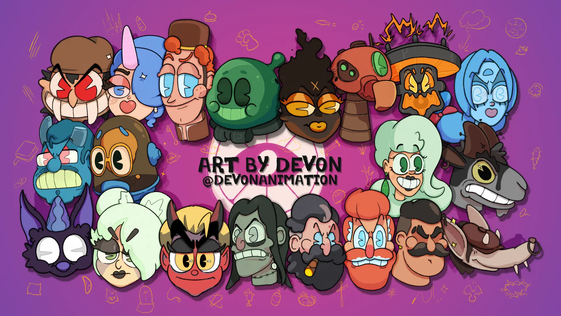 Lineup of cartoon characters