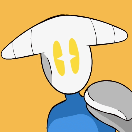 Horned character in a blue mask leaning toward the viewer