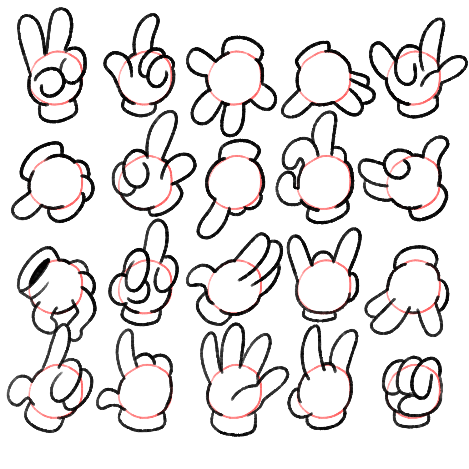 Reference sheet of rubberhose cartoon glove hands
