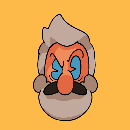 Bearded character with glowing blue eyes glaring forward