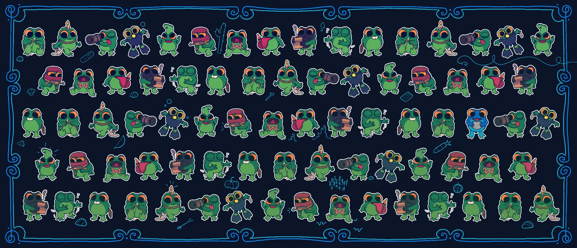 Grid of little frog characters in many poses